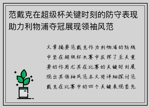 范戴克在超级杯关键时刻的防守表现助力利物浦夺冠展现领袖风范 范戴克在超级杯关键时刻的防守表现助力利物浦夺冠展现领袖风范