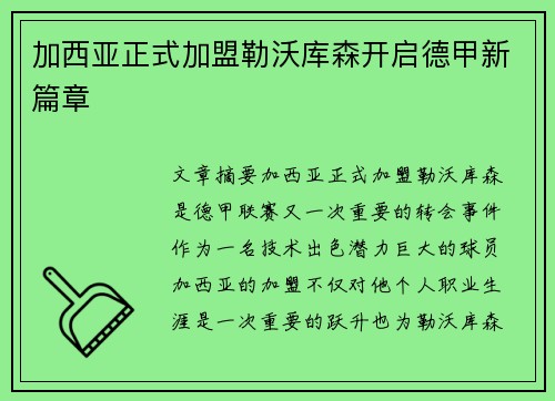 加西亚正式加盟勒沃库森开启德甲新篇章